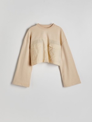 Beige Reserved Combined Fabrics Cropped Women's Sweatshirts | LXNJ-79034