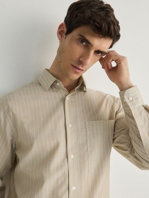 Beige Reserved Comfort Fit Stripe Men's Shirts | RILH-84973