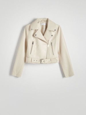 Beige Reserved Faux Leather Biker Women's Jackets | RKAZ-20713