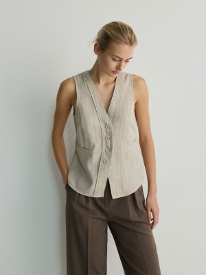 Beige Reserved Linen Blend Women's Vest | IFOE-21506