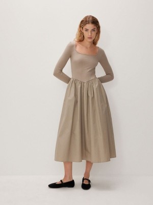 Beige Reserved Midi Women's Dress | JGRF-37068