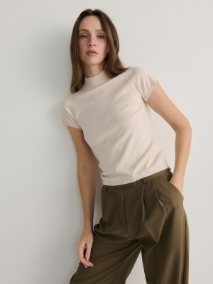 Beige Reserved Mock Neck Women's Shirts | XBIM-54309