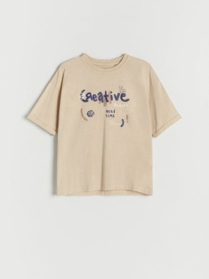 Beige Reserved Oversized T-print Boys' T-shirts | YLBM-52893