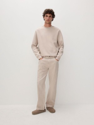 Beige Reserved Plain Cotton Rich Men's Sweatshirts | UIKS-75941