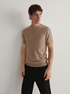 Beige Reserved Regular Fit Rib Knit Men's T-shirts | MGWL-67951