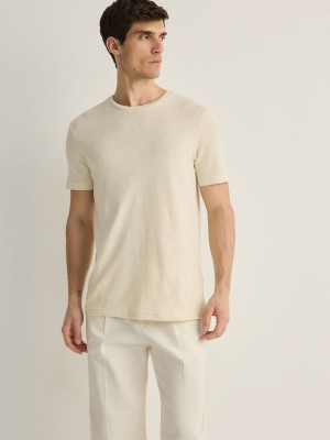 Beige Reserved Regular Fit T-linen Blend Men's T-shirts | YOPR-90386