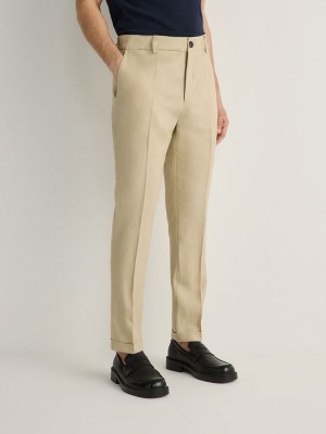 Beige Reserved Slim Linen Men's Trousers | MPJD-86903