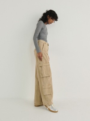 Beige Reserved Wide Leg Women's Trousers | FCWN-27419