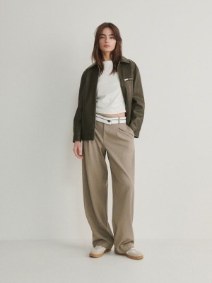 Beige Reserved Wide Legcontrasting Waistband Women's Trousers | JSFM-26831