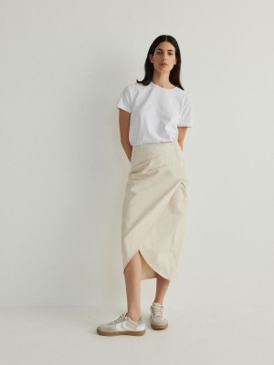 Beige Reserved Wrap Front Midi Women's Skirts | IUDS-50847