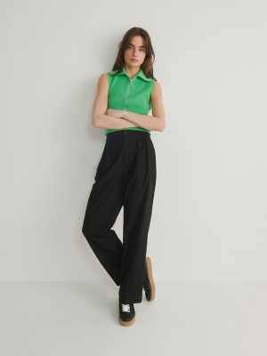 Black Reserved Asymmetric Waistband Women's Trousers | IUSN-50817