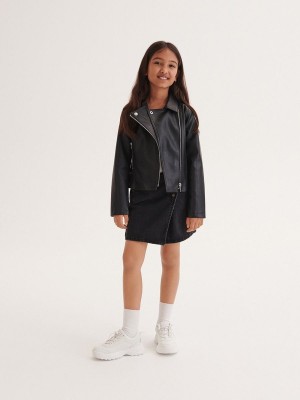 Black Reserved Biker Girls' Jackets | UVTL-72951