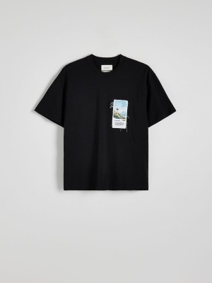 Black Reserved Boxy T-print Men's T-shirts | KEAD-21456