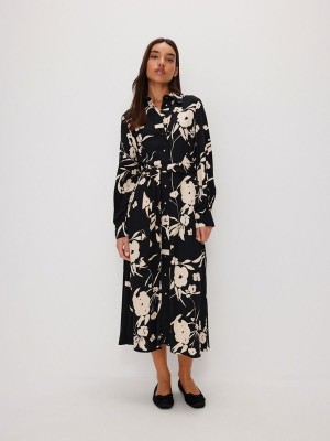 Black Reserved Floral Print Women's Dress | WEZQ-32508