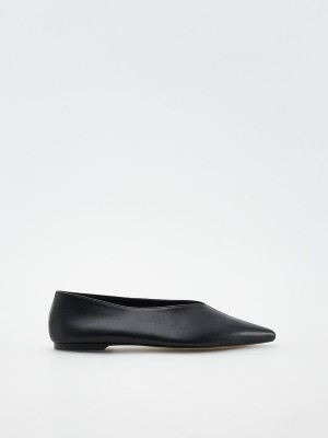 Black Reserved Leather Ballerinas Women's Loafers | PQMH-26594