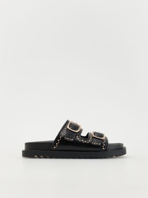 Black Reserved Leather Slidersbuckles Women's Sandals | WIJU-36021