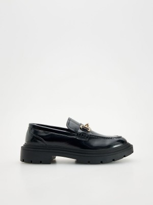 Black Reserved Leather Women's Loafers | ZCPY-82674