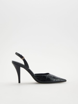 Black Reserved Leathersstrap Women's Heels | NHKE-54107