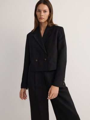 Black Reserved Linen And Viscose Blend Women's Blazers | BAML-78392