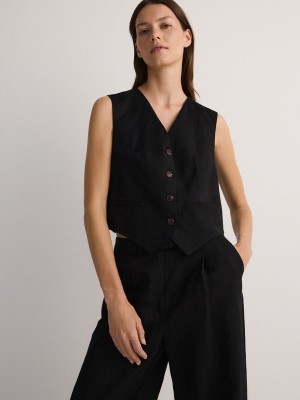 Black Reserved Linen Blend Women's Vest | ALDJ-68350