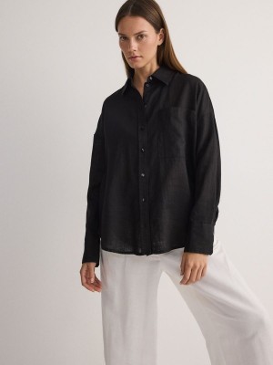 Black Reserved Linen Women's Shirts | DHKU-52307