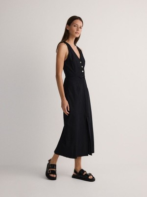 Black Reserved Midi Women's Dress | XCSZ-04837