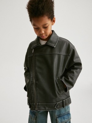 Black Reserved Oversized Biker Style Boys' Jackets | VCFD-87340