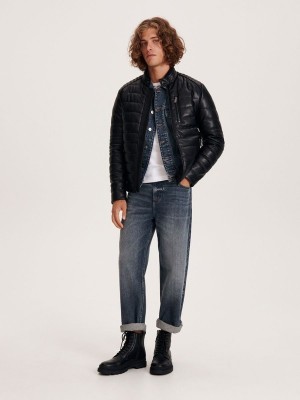 Black Reserved Quilted Biker Men's Jackets | SFKA-58397