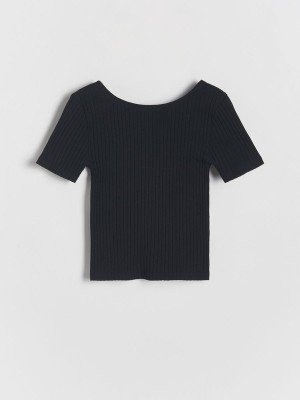 Black Reserved Rib Knit Girls' T-shirts | EBHA-87453