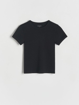 Black Reserved Ribbed Cotton Girls' T-shirts | PLHD-32159