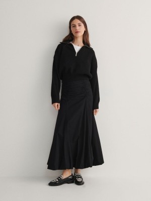 Black Reserved Ruched Women's Skirts | HYUI-50374