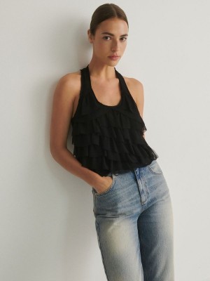 Black Reserved Ruffle Top Women's T-shirts | YFIJ-29605