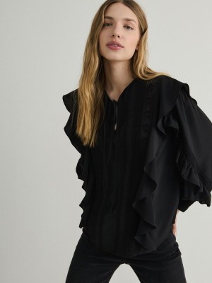 Black Reserved Ruffle Women's Shirts | ASPV-31895