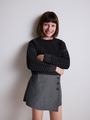 Black Reserved Shiny Openwork Girls' Sweaters | OUKF-75316