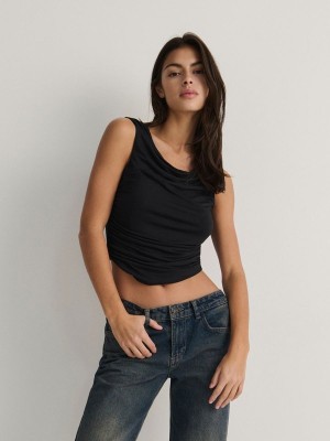 Black Reserved Shirred Crop Top Women's T-shirts | NBGL-75361