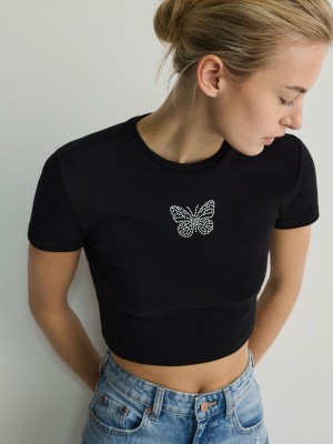 Black Reserved T-appliqué Women's T-shirts | AREM-64902