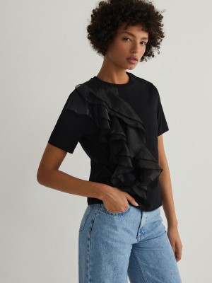 Black Reserved T-decorative Ruffle Detail Women's Shirts | TSLI-75284