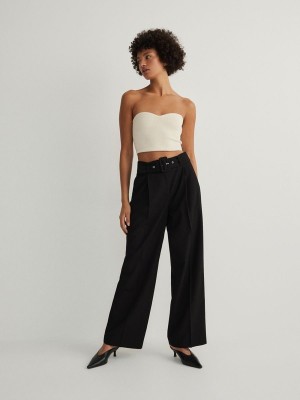 Black Reserved Tie Waist Women's Trousers | RHWD-25167