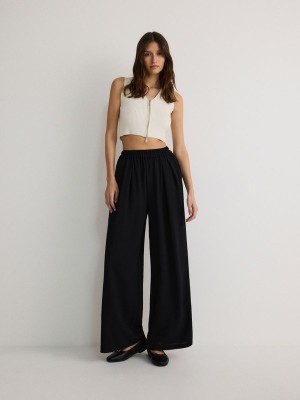 Black Reserved Wide Leg Women's Trousers | VRDN-96283