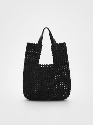 Black Reserved Woven Shopper Women's Bags | AZBQ-72615