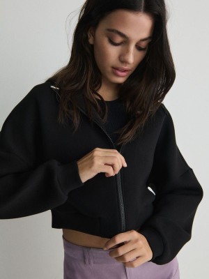 Black Reserved Zip Up Women's Sweatshirts | VEYF-17802