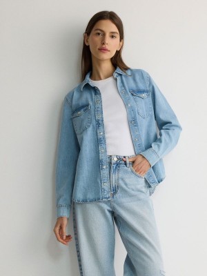 Blue Reserved Denim Women's Shirts | SZGI-90324