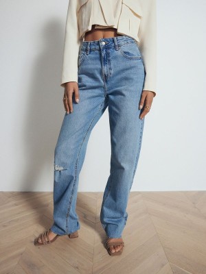 Blue Reserved Distressed Straight Women's Jeans | ZUKX-95471