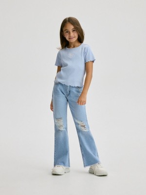 Blue Reserved T-embroidery Detailing Girls' T-shirts | QVZW-06194