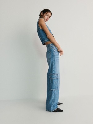 Blue Reserved Wide Legcargo Pockets Women's Jeans | SIXD-06981