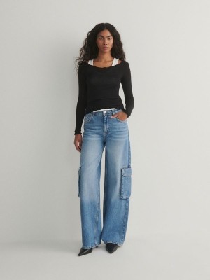 Blue Reserved Wide Legcargo Pockets Women's Jeans | SROB-48923