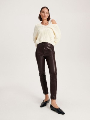 Brown Reserved Faux Leather Women's Trousers | DVWC-35926