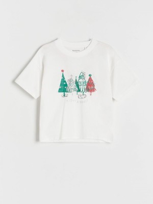 Cream Reserved Christmas T-print Girls' T-shirts | ODPT-30146