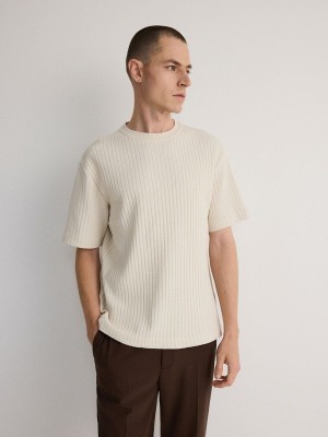 Cream Reserved Comfort Fit Rib Knit Men's T-shirts | CEFV-86037