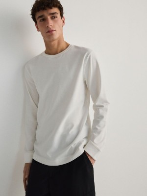 Cream Reserved Cotton Long Sleeve Men's T-shirts | NZTU-74365